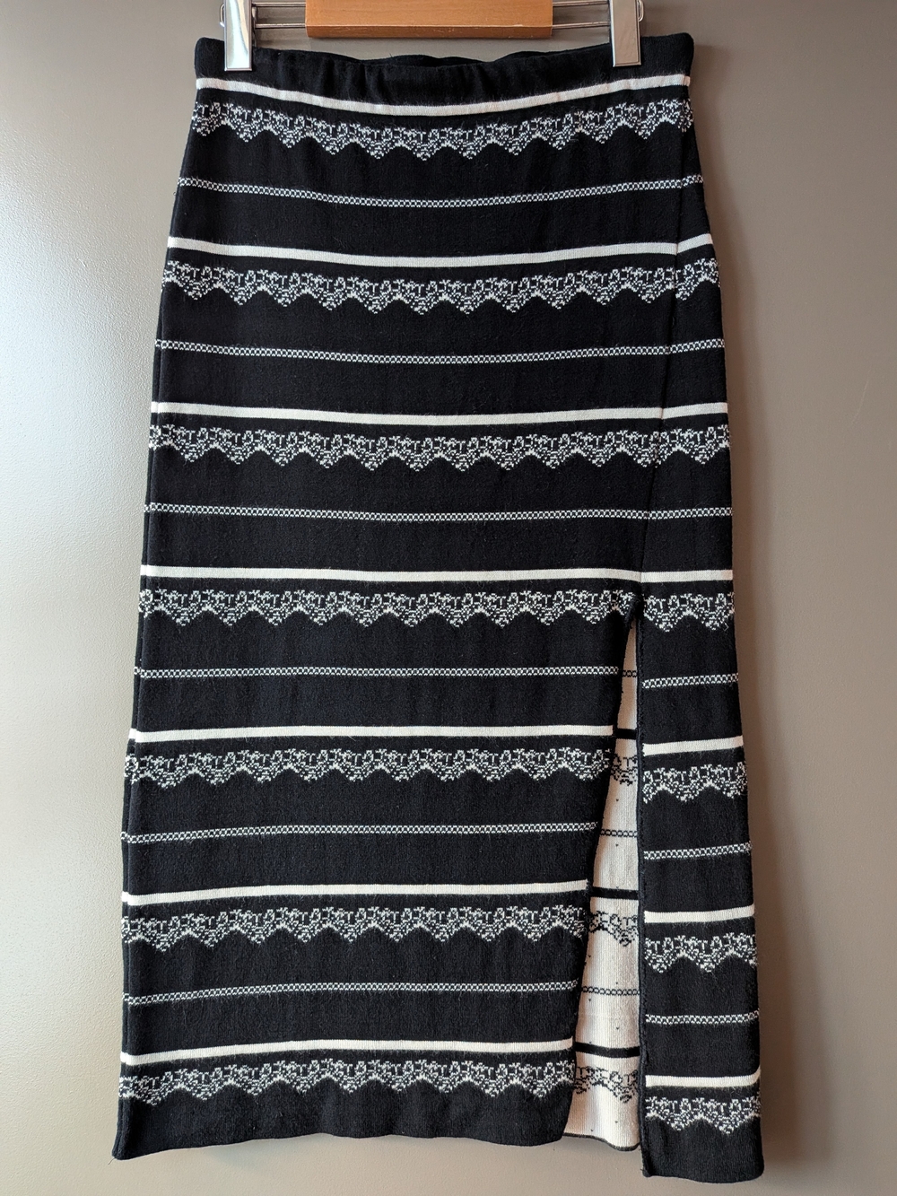Free People Irreplaceable Jacquard Knit Pencil Midi Skirt Black White M Boho